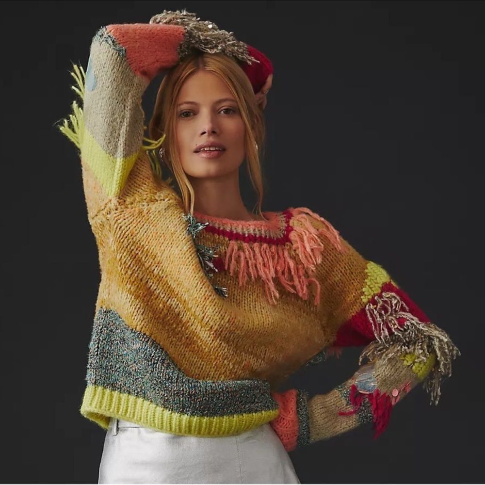 Anthropologie Fringed Colorblock Sweater